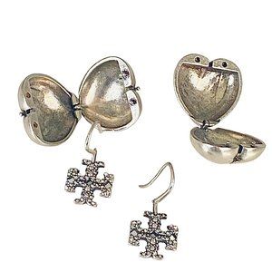 NEW Tory Burch Heart GOLD or SILVER LOCKET 2pc Earrings Pave Double T Du…
